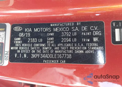 2020 Kia Forte Gt-Line z USA, uszkodzony, nr VIN 3KPF34AD0LE167738